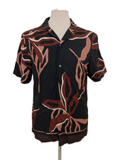 Autograph Men's Shirt Black Brown Mix Leaf Print Cuban Collar Side Split New