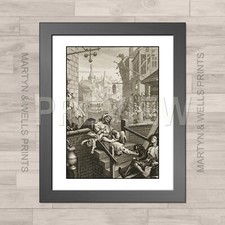 William Hogarth framed print: Gin Lane. 400x325mm. Alley. Textured canvas paper.