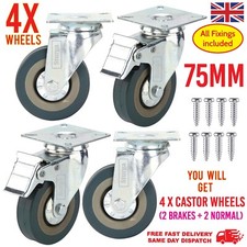 4 x Heavy Duty 75mm Castor Wheels Rubber Full 360° Swivel Trolley Caster Wheel