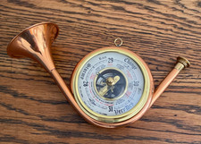 RARE SHORTLAND SKELETON ANEROID BAROMETER COPPER FRENCH HORN HUNTING HORN FORM