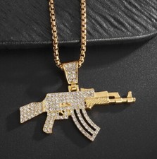 ICED GOLD / SILVER AK47 MACHINE GUN PISTOL CHAIN PENDANT NECKLACE RIFLE BLING v2