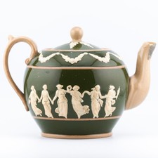 English Jasperware Teapot Copeland Spode Green Dancing Muses Relief 20th C