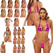 UK Women Shiny Metallic Bikini Metallic Swimsuit Beachwear Micro Bra Thongs