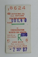 British Railway Ticket 8624 Malden Manor to Chessington North or South 1987
