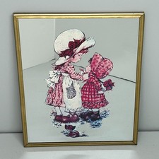 Vintage Sarah Kay Kitsch 10" Framed Mirror Girls with Hats 1980s Retro Décor