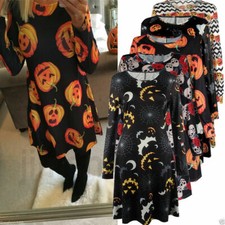Womens Plus Size Halloween Print Fancy Costume Long Sleeve Swing Skater Dress
