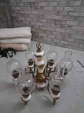 Antique Brass And Porcelain Chandelier With Glass Shades