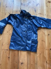 Vintage Fishermens Oilskin Blue Jacket with attached hood. 40"Chest. Sea Chest.