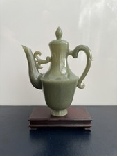 Nephrite Jade Type Hardstone Carved Chinese Teapot Sculpture On Wooden Stand