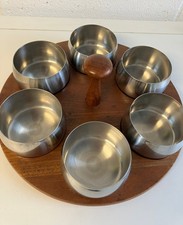 Teak wood 'lazy suzy' style wooden base with 6 stainless steel sauce bowls