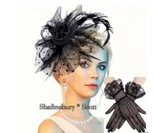 Black Bead Fascinator with Polka Dots, Crinoline Bow, Feathers & Pretty Gloves