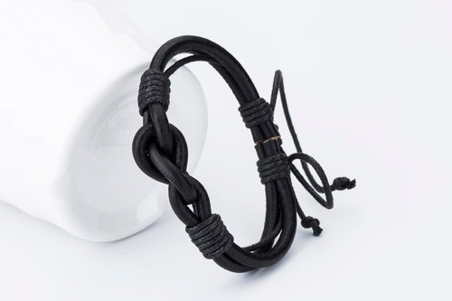 Black leather rope bracelet - leather,