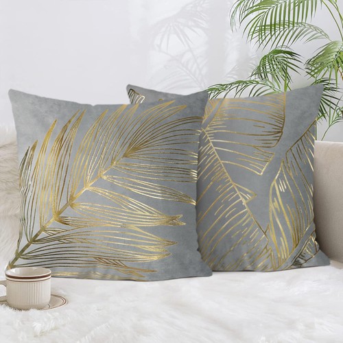 Grey gold leaves throw pillow - gold,