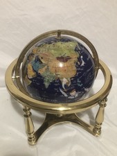 13" Tall Blue Lapis Ocean Gemstone Globe & Tripod Gold Stand & Compass