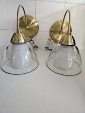 Pair 2 x  Vintage Brass Swan Neck Gas Wall Light Lamps Sconce with glass shades
