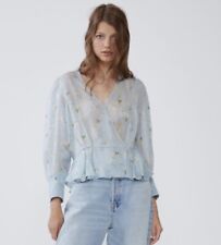 BNWOT ZARA light blue floral print chiffon sparkly blouse top size XS 6 - 8 