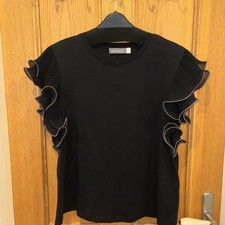 Mint Velvet Black T Shirt With Ruffled Sleeve Detail - Size XL