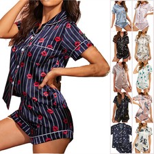 Womens Satin Pyjamas Ladies PJs Silk Short Sleeve Soft Sleepwear Nightwear Set