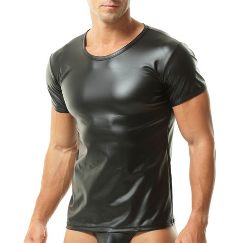 Mens short sleeve faux - faux, leather