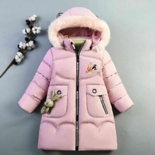 KIDS GIRLS WINTER WARM HOODED COAT PADDED THICK PARKA LONG FUR COTTON JACKET UG