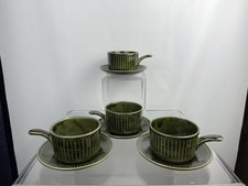 Set Of 4 Vintage Handled Soup Mugs & Plates 1970s Ceramic Cups Olive Green Retro