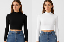 Women's Mock Neck Long Sleeve Slim Ladies Fit Crop Top Stretch Basic T Shirt LXL