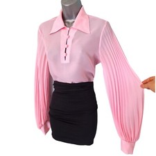 Womens Blouse Size S Baby Pink Pleated Balloon Sleeves Sheer Collared *PLS READ