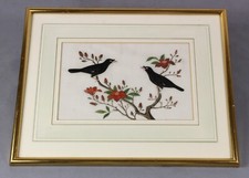MYNA birds in tree ORIGINAL antique Chinese painting on pith 1860-90 framed