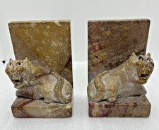 Pair Of Vintage Hand Carved Soapstone Tiger Bookends Growling 4.75” Tall