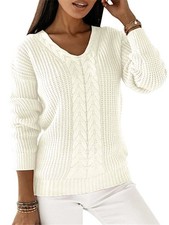 Loose Ladies Winter Cable Knitted V Neck Jumper Pullover Sweater Tops SIZE 8-22