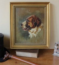 Antique St Bernard Oil Painting on Canvas. Victorian Dog Portrait. Framed. 1888