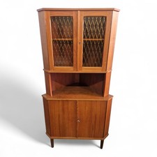 Vintage retro Danish mid century teak tall corner display cabinet - cupboard