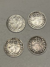 Set Of 4 British Silver Three pence Coins Threepenny Bits