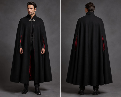 Men black wool cloak - wool,