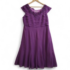 Jacques Vert Midi Dress UK 18 Purple Rose Details Zip Fastening Womens- Preloved