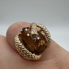 14CT ROLLED Gold Bonded Smokey Quartz Snake Ring Size O UK Hallmarked 585RG Gift