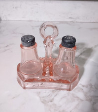 Vintage Pink Depression Glass Salt & Pepper Shakers with Stand