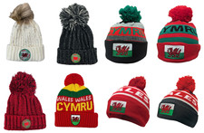 Wales Adult Knitted Bobble Pom Pom Hats Welsh Dragon Cymru Embroidered Badge