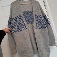 Celtic & Co Grey Blue Fairisle Boyfriend Cardigan Womens Size S Longline Wool