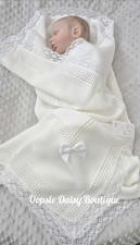 White Spanish Knitted Ribbon Blanket Shawl Lace Edged