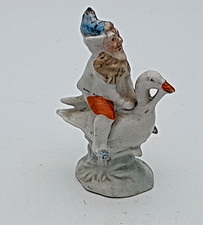Vintage Antique Bisque Porcelain Christmas Cake Decoration Gnome Riding a Goose