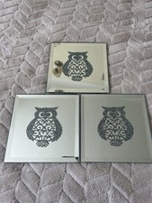 Mirrored Glass Silver Glitter Owl Table  Coasters X3 Coffee Tea Drinks
