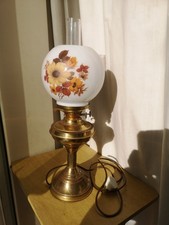 Vintage Brass  Oil Lamp Converted To Electric   Shade  + chimney