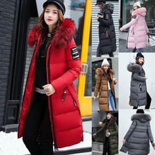 Women's Winter Slim hooded Long Padded jacket Cotton jacket Warm Coat Parka UK