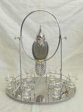 Silver Plate Parrot Shot Tray Dispenser Decanter Set & 6 Shot Glasses
