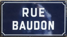 Old vintage blue French enamel street sign road plaque plate Théodore rue Baudon