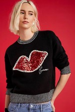 BLACK RED SEQUIN LIPS CHRISTMAS JUMPER RIVER ISLAND NEPHTHYS ILLUSTRATED SIZE XL