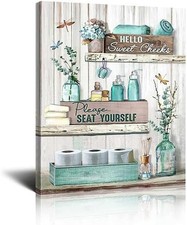 Bathroom Wall Art Canvas - 20X30Cm Blue-Grey Rustic Farmhouse Decor Sign, Waterp