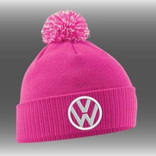 Pom Pom Beanie - Pink/White - with Embroidered VW Logo - Car, Van, Campervan