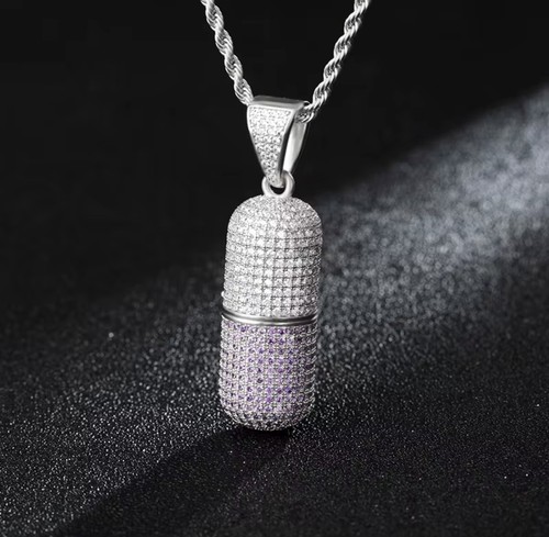 Iced out pill necklace - out, silver